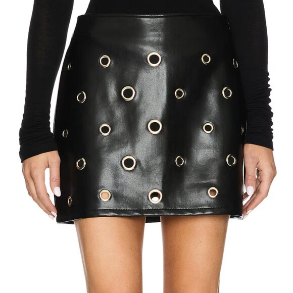 Cinq a Sept Harriet Mini Skirt in Black Vegan Leather Shiny Grommet 4 Small - Picture 1 of 4